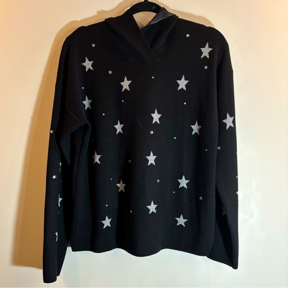 MARLED REUNITED CLOTHING Sz L Silver Stars Rhinestone Studded Hooded Sweater